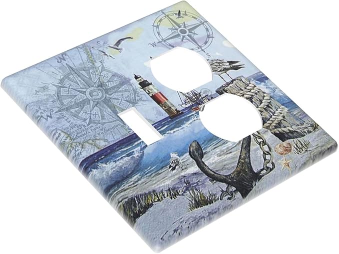 Decorative Light Switch Cover Plate Sea Ocean Sand Coast Compass Ship Lighthouse Anchor 2 Gang Outlet Covers 1 Toggle 1 Duplex Wall Plate Decorate Electrical Switch Plate Covers for Bathroom Bedroom