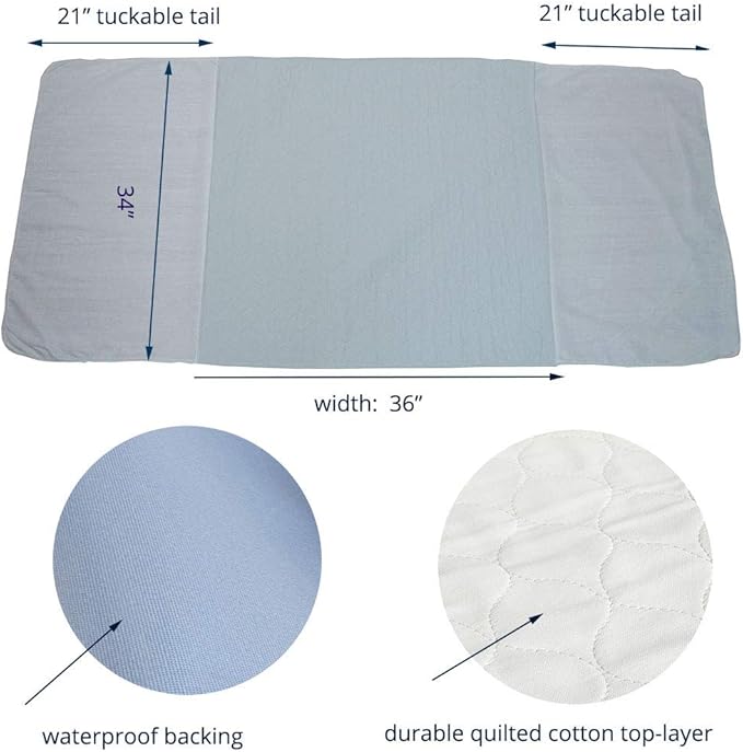 2 Pack Cotton Top-Layer Reusable Tuckable Underpads Incontinence Bed Pads 34"X36" Twin Size 21" Wings