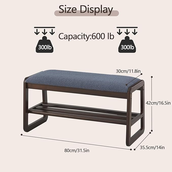 Shoe Rack Bench,2 Tier Wooden Entryway Bench with Shoe Storage, Shoe Rack with Cushion for Living Room, Hallway(Grayish Blue, 31.5")