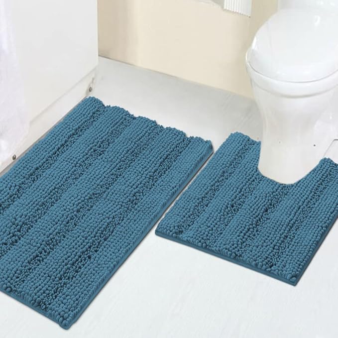 Turquoize Chenille Bathroom Rugs Set Non-Slip Bath Mats for Bathroom Super Absorbent Shaggy Rugs for Tub Shower Toilet Bath Rug Plus U Contour Rug (Standard: 20" x 32" and 20" x 20" U), Turquoise