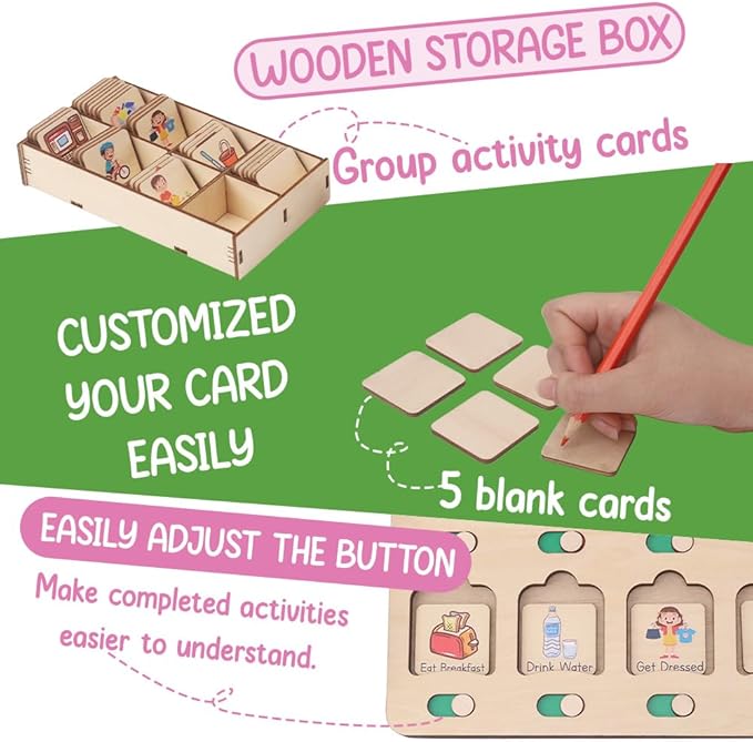 Personalized Wooden Daily Routine Chart, Visual Schedule, Routine Chart for Toddlers, Morning Bedtime Routine Chart for Toddlers (02)