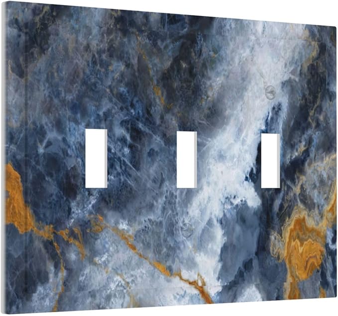 Decorative Switch Plate Covers Gold Dark Blue Gilt Haze Marble 3 Gang Light Switch Cover Plate Triple Toggle Wall Plate Light Switch Covers for Bathroom Decor