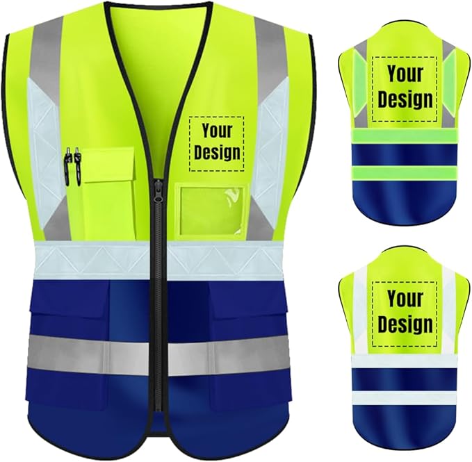 YOWESHOP High Visibility Safety Vest Custom Your Logo Protective Workwear 5 Pockets With Reflective Strips Outdoor Work Vest (S, Yellow Navy Luminous)