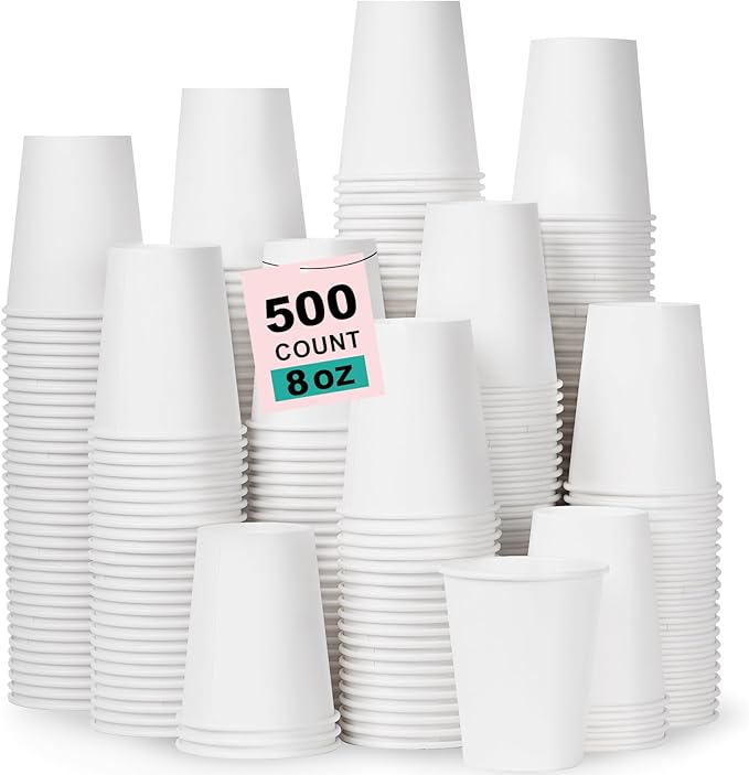 8 oz 500 Pack Disposable Coffee Cups, Bulk White Disposable Paper Cups, Coffee Cups for Hot Tea, Chocolate and Cold Drinks