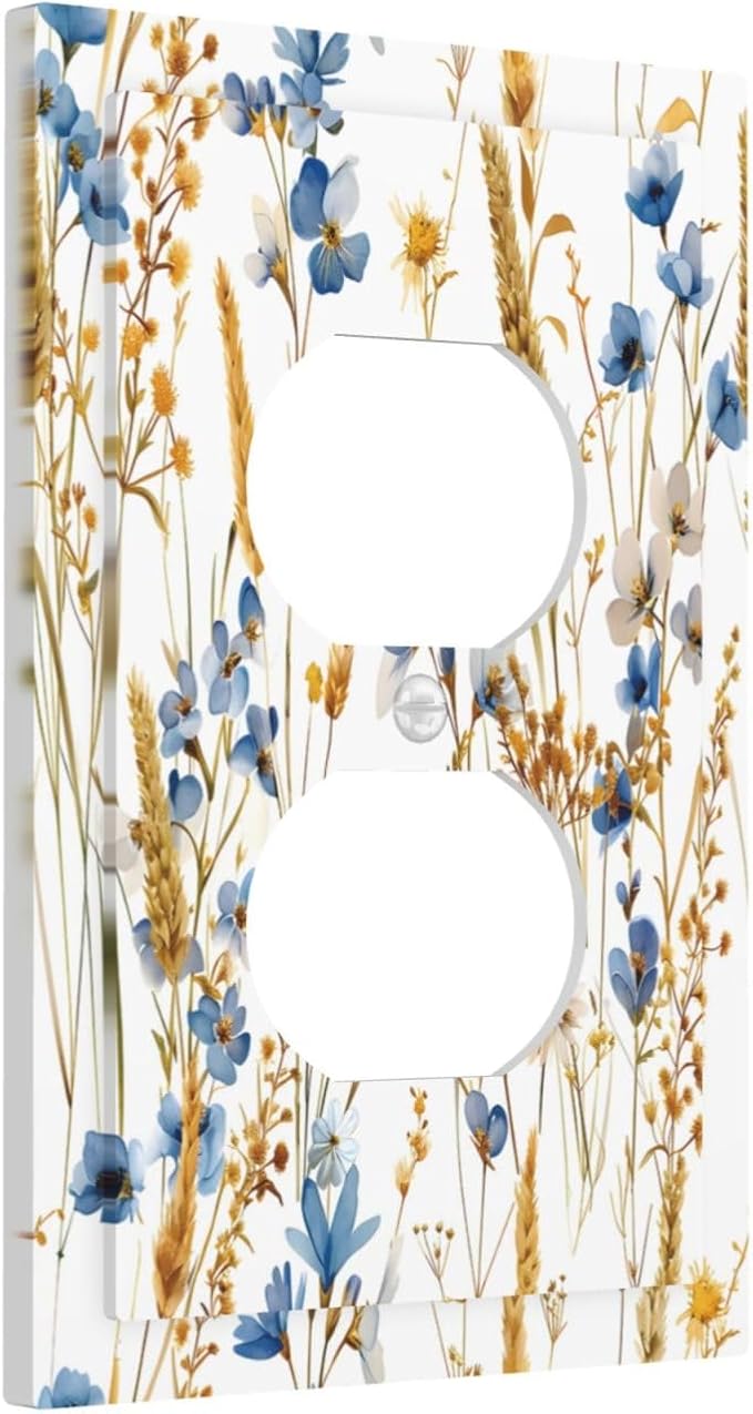 Vintage Wildflower Blue Gold Country Fall Wheat Floral Outlet Covers 1 Gang Duplex Light Switch Cover Decorative Switch Plates Electrical Receptacle Faceplate Wall Plate for Bedroom Living Room Decor