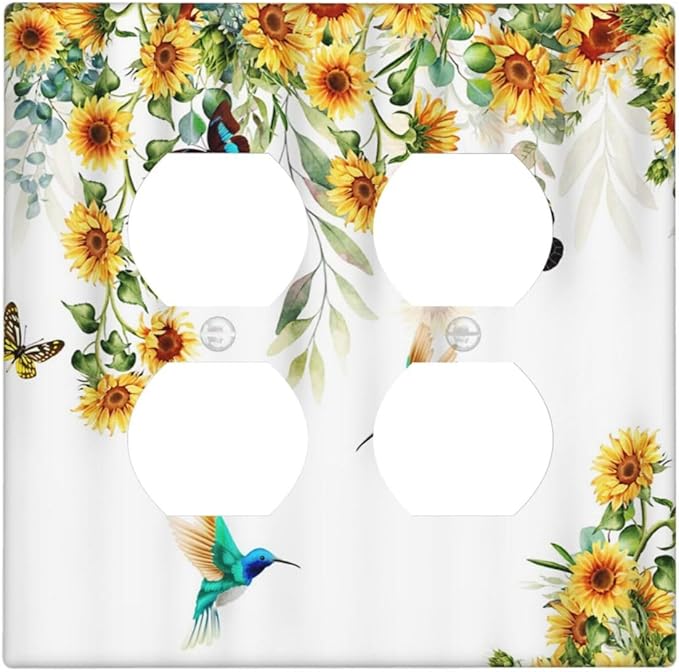 Yellow Sunflower Butterfly with Bird Outlet Covers 2-Gang Duplex Light Switch Cover Plate Decorative Gfci Wall Plate Electrical Receptacle Switch Plate Covers Plug Faceplate for Bedroom Decor