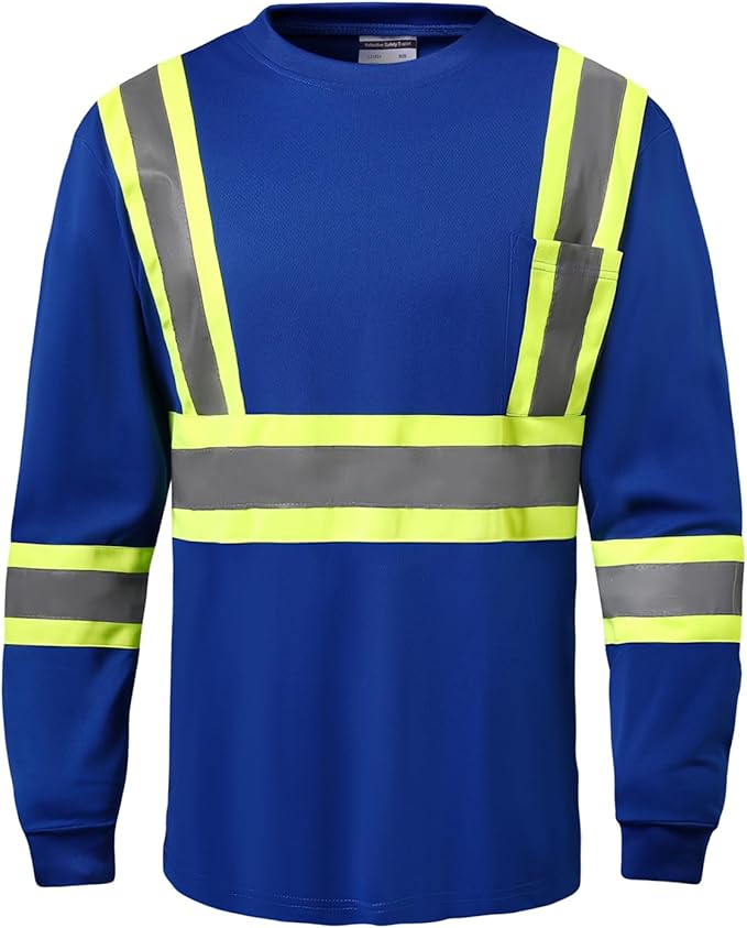 Hi Vis Safety Long Sleeve Shirts，High Visibility Class 3 T Shirts with Reflective Strips and Pocket, Quick Dry Mesh Construction Work Shirt for Men/Women (Blue,4XL)