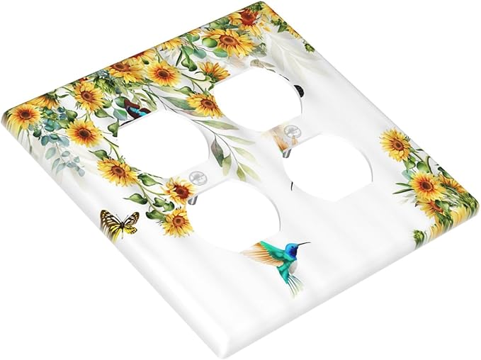 Yellow Sunflower Butterfly with Bird Outlet Covers 2-Gang Duplex Light Switch Cover Plate Decorative Gfci Wall Plate Electrical Receptacle Switch Plate Covers Plug Faceplate for Bedroom Decor