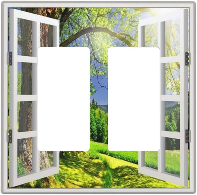 Outlet Covers Window View Green Rustic Nature Wilderness 2 Gang Wall Plate Double Rocker Light Switch Cover Decorative GFCI Receptacle Cover Electrical Switchplate for Bathroom Bedroom Decor