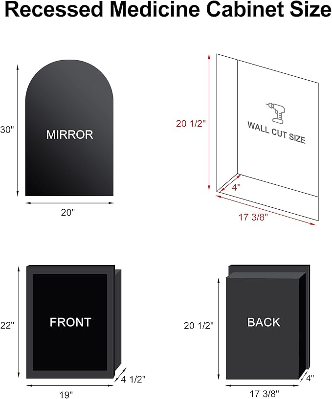 Recessed Medicine Cabinet with Mirror,Arched Medicine Cabinet Mirrors for Bathroom,Brushed Black Medicine Cabinets in Wall,Bathroom Mirror with Storage,Mirrored Medicine Cabinets 20x30