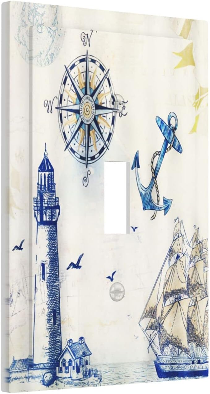 Nautical Sailboat Lighthouse Compass Anchor Single Toggle Light Switch Cover Plate Decorative 1 Gang Wall Plates Cover Rustic Electrical Device Switchplate Faceplate for Country Bathroom Decor