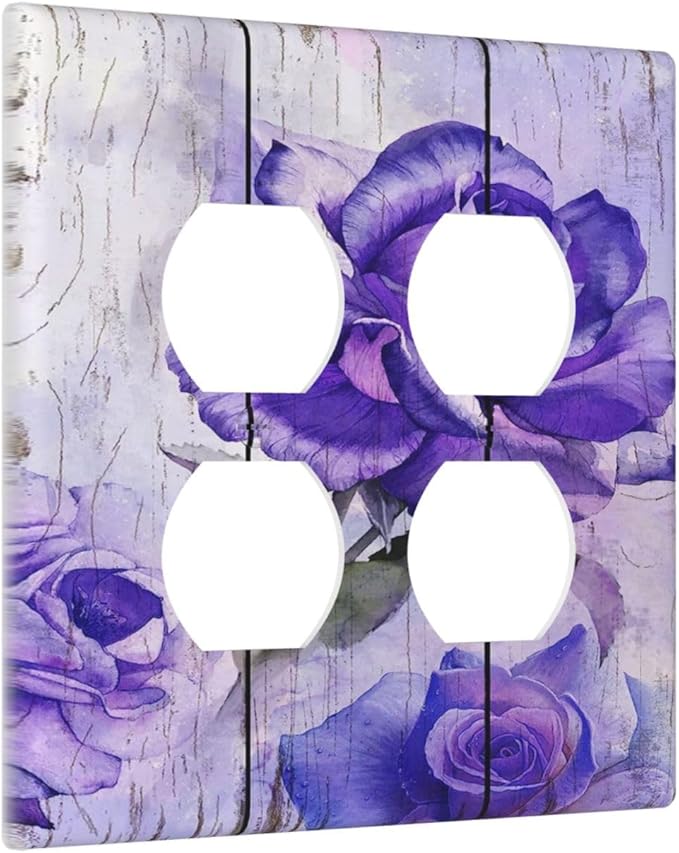 Decorative Light Switch Cover Plate Purple Flower Modern Floral 2 Gang Socket Covers Double Duplex Wallplates Switch Plates and Outlet Covers for Bedroom Kitchen Decor