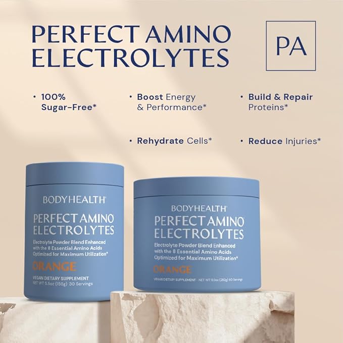 BodyHealth PerfectAmino Electrolytes Powder No Sugar, Keto Sugar Free Fasting Electrolytes Drink Mix, Hydration Powder with Trace Minerals - Orange - 15 Servings