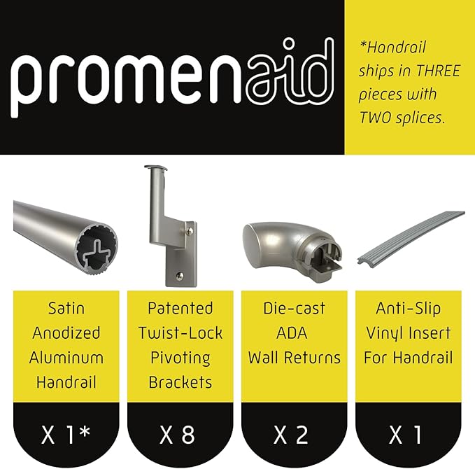 Promenaid 17ft ADA Handrail Kit - Silver - Complete Indoor/Outdoor Handrail for Stairs - 1.6" Round Anodized Aluminum Railing with 8 Silver Painted Pivoting Brackets & ADA Wall Returns