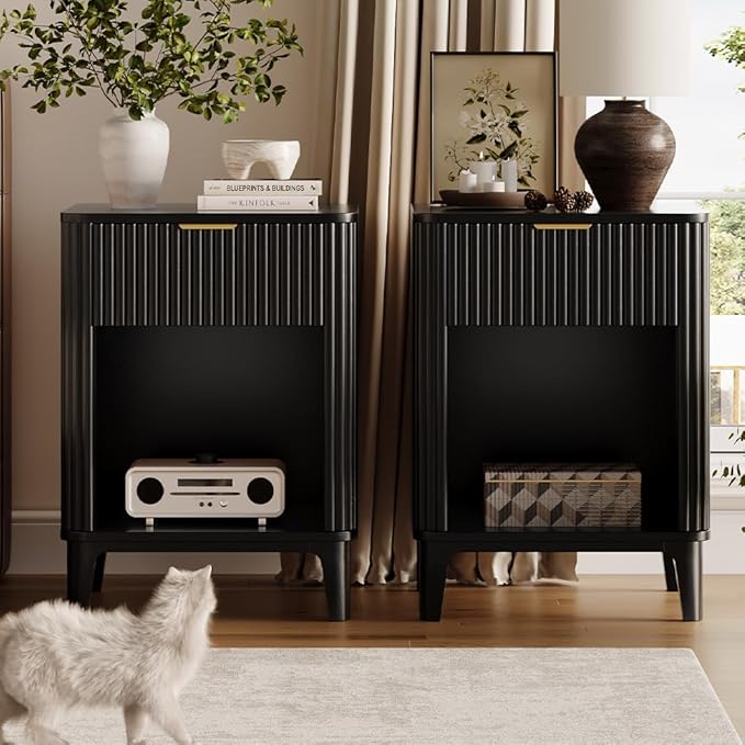 Mid Century Modern Night Stand Set of 2, Large Bedside Table Set of 2 with Drawer and Storage Shelf, Fluted Nightstands Rustic Wood End Table for Living Room Black