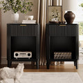 Mid Century Modern Night Stand Set of 2, Large Bedside Table Set of 2 with Drawer and Storage Shelf, Fluted Nightstands Rustic Wood End Table for Living Room Black