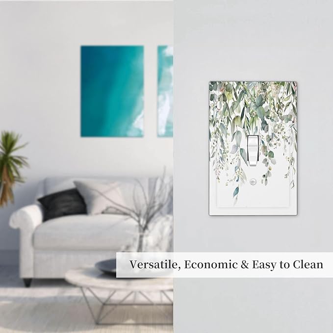 Sage Green Watercolor Eucalyptus Leaves Floral Flowers Decorative Light Switch Cover 1 Gang Single Toggle Device Electrical Faceplate Switchplates Decorator Outlet Wall Plate for Farmhouse Bed Room