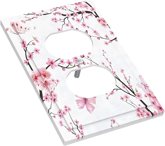 Cherry Floral Watercolor Pink Flowers Butterfly Outlet Covers 1 Gang Duplex Light Switch Cover Decorative Switch Plates Electrical Receptacle Faceplate Wall Plate for Bed Room Living Room Decor