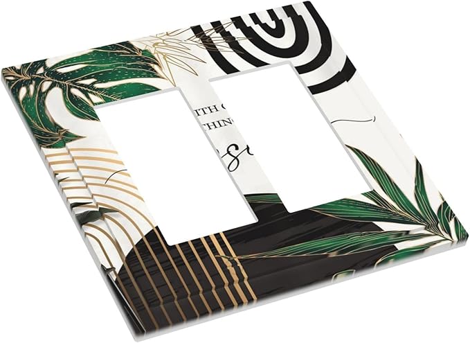 Boho Abstract Tropical Green Palm Leaf Mid Century Decorative Outlet Covers 2 Gang Double GFCI Rocker Electrical Wall Panels Light Switch Cover Plate for Office Home Decor