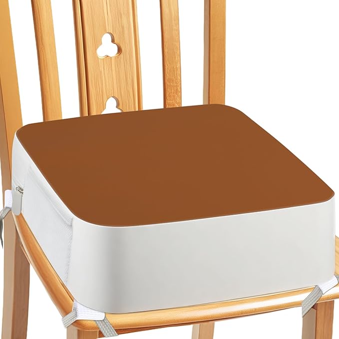 Booster Seat for Kitchen Chair - 4-Point Anchor 3.8" Lift Toddler Booster Seat for Dining Table with Side Pockets, Non-Slip & Portable Dining Cushion for Kids (Brown)