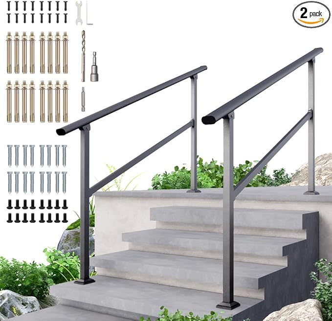 DIYHD 5 Step Handrail for Outdoor,Powder Coated Iron Stair Railing,Black Hand Rails for Indoor, Porch,Deck,2 Pack