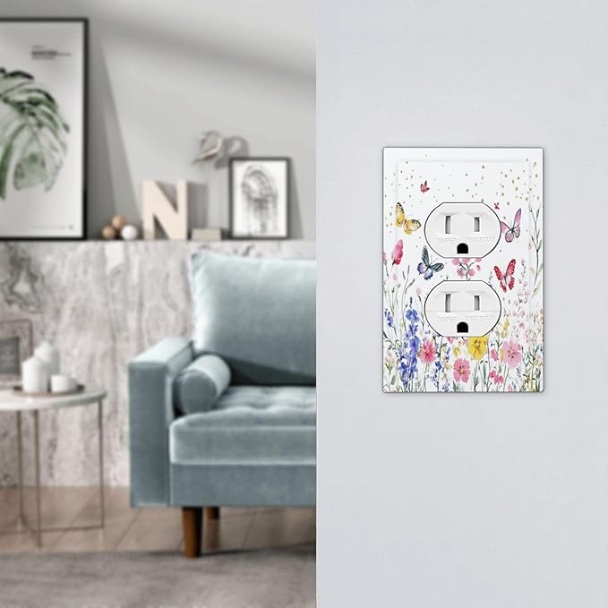 Outlet Covers Watercolor Floral Butterfly Colorful Wildflower 1 Gang Duplex Light Switch Cover Decorative Switch Plates Electrical Receptacle Faceplate Wall Plate For Bed Room Living Room