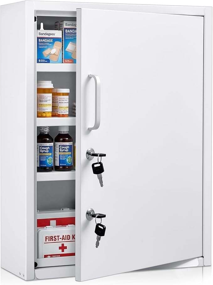 Zonon Locking Medication Cabinet with Document Pocket, Metal Wall Mounted Medication Cabinet with Dual Keys and Lock (White,21 x 16 x 6 Inch,Right Angle)