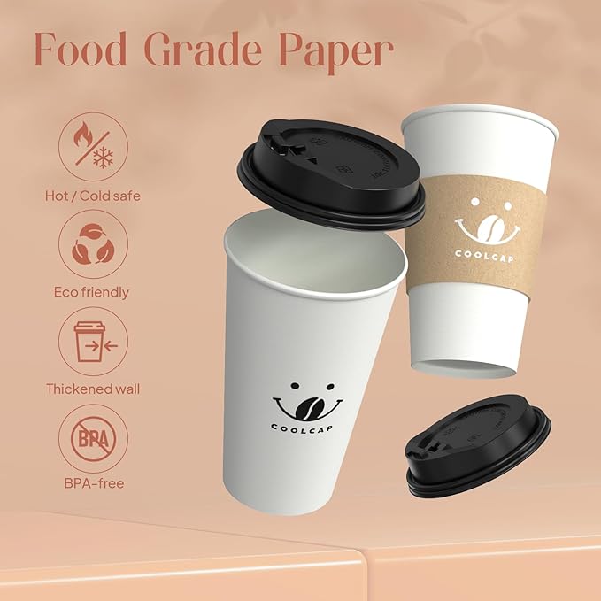 Coffee Cups with Lids and Sleeves, 16 oz 300 Pack To Go Cups with Lids, Paper Hot Cups for Hot & Cold Beverage (White, 16 oz)