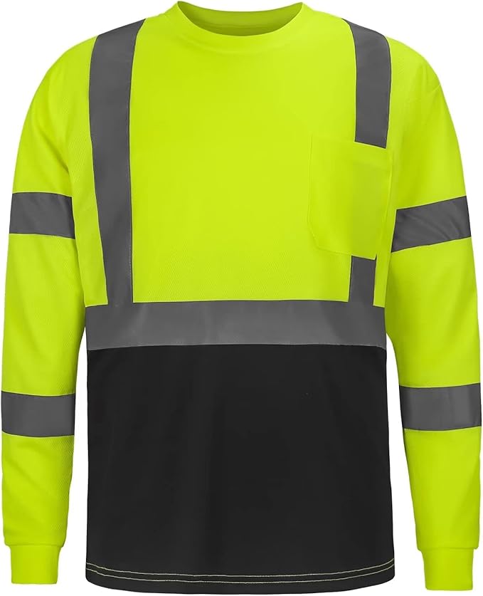 High Visibility Class 3 T Shirts，Hi Vis Safety Shirts with Reflective Strips and Pocket, Long Sleeve Quick Dry Mesh Construction Work Shirt for Men/Women Black Bottom Lime,5XL