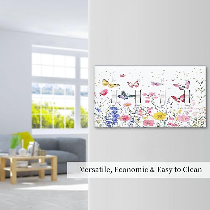 Light Switch Covers Watercolor Floral Butterfly Colorful Wildflower Quad Toggle Electrical Faceplate 4 Gang Wall Plate Decorative Switch Plates For Bed Room Living Room Decor