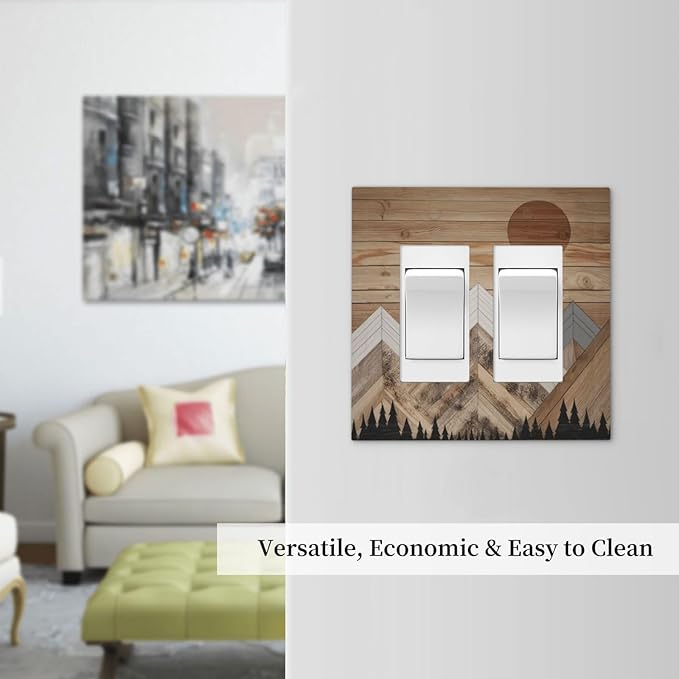 Wooden Planks Mosaic Snow Mountain Sun Decorative Outlet Covers 2 Gang Double GFCI Rocker Electrical Wall Panels Light Switch Cover Plate for Farmhouse Home Decor