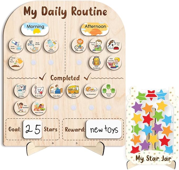 Wooden Daily Routine for Kids, Star Reward Jar for Toddlers, Chore Chart for Kids with Star Jar, Behavior Reward Jar for Toddlers Boys Girls