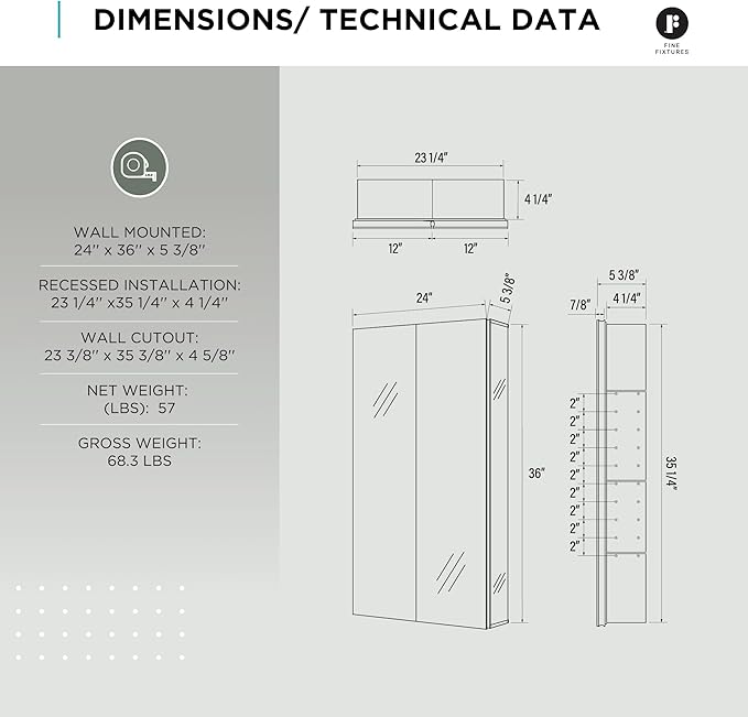 Fine Fixtures Bathroom Medicine Cabinet, Aluminum, Recessed/Surface Mount, 24" x 36", Right/Left Hinged, Mirrored Interior