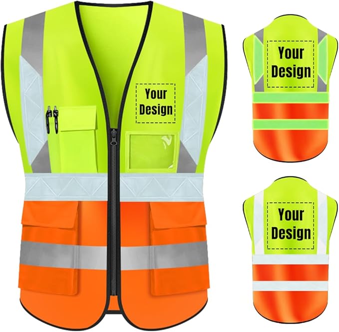 YOWESHOP High Visibility Safety Vest Custom Your Logo Protective Workwear 5 Pockets With Reflective Strips Outdoor Work Vest (L, Yellow Orange Luminous)