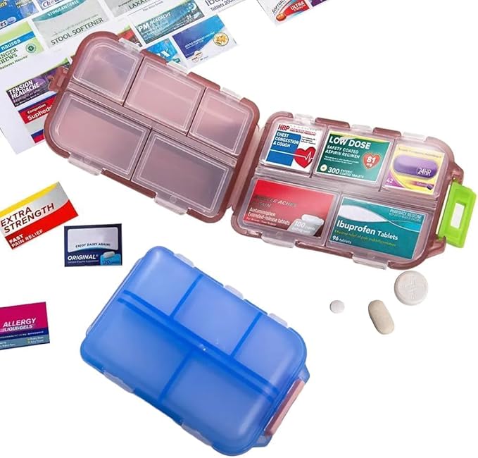 Pill Organizer With Medicine Labels - 7 Day Travel Daily Container, Mini Medication Storage Case, White With 161 Labels