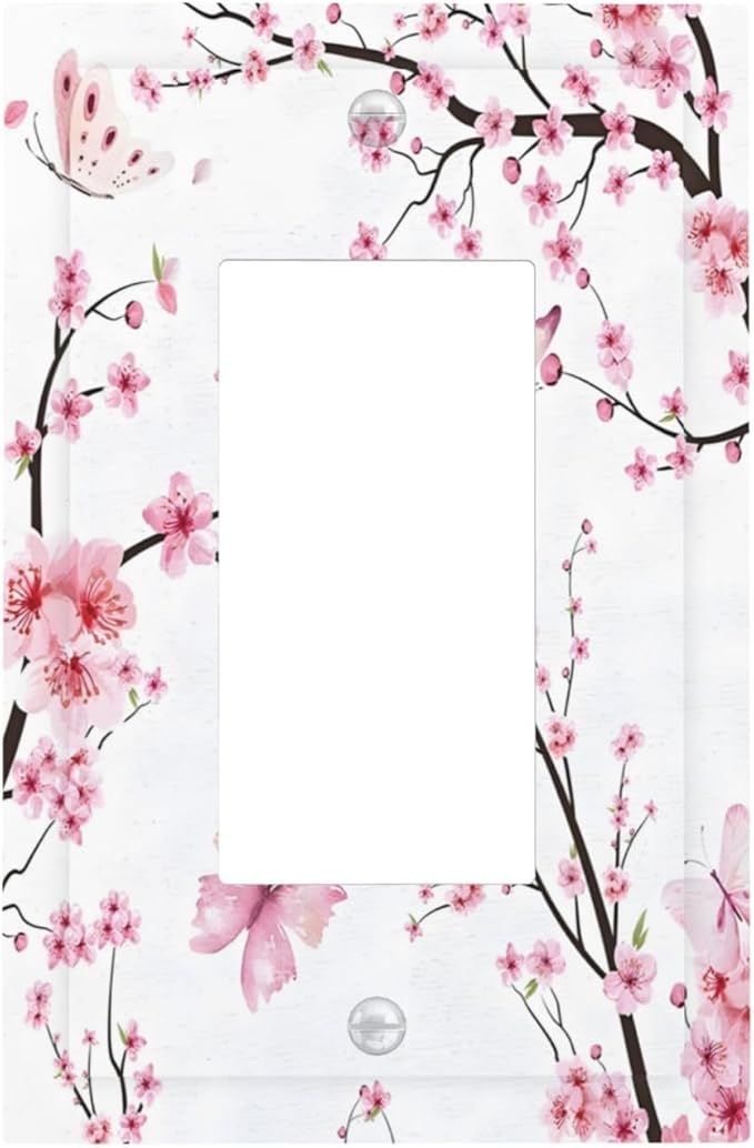 Cherry Floral Watercolor Pink Flowers Butterfly Decorative Outlet Covers 1 Gang Single Rocker Light Switch Cover Plate Wall Plates GFCI Faceplate for Bed Room Living Room Decor