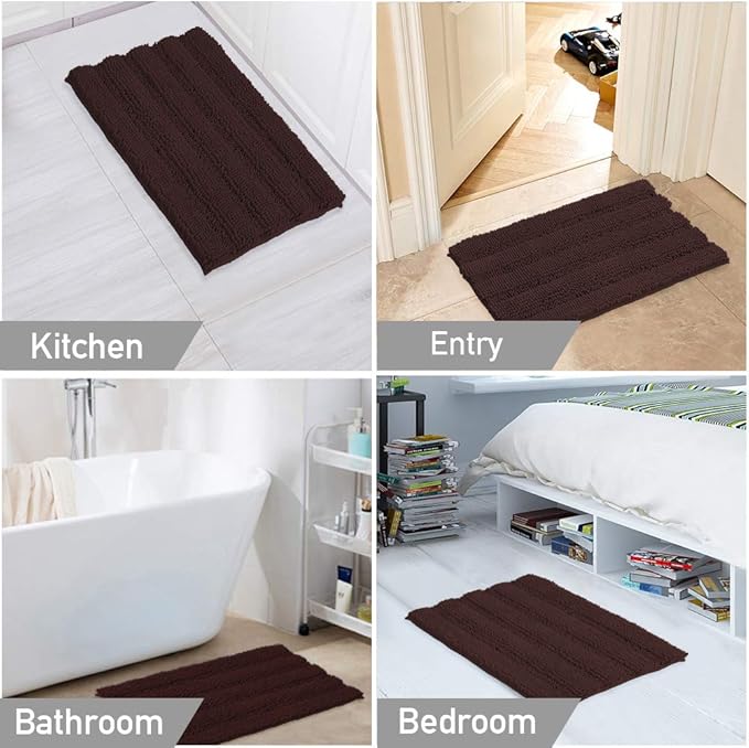 Turquoize Chenille Bathroom Rugs Set Non-Slip Bath Mats for Bathroom Super Absorbent Shaggy Shower Mat for Tub Kitchen Plush Bath Rug Plus U Toilet Mat (Standard: 20" x 32" and 20" x 20" U), Chocolate