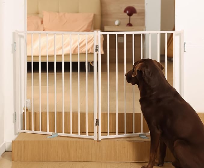 No Pawblems Free Standing Dog Gate with Door, 30'' Tall Foldable Dog Fence for Indoor & Outdoor, Up to 52 Inch Extra Wide Puppy Gate for Stairs, Hallways, Doorways, Deck, Yard (White, 2 Panels)