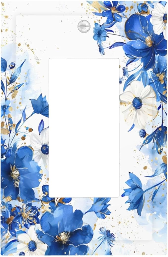Klein Blue Flowers Watercolor Golden White Floral Decorative Outlet Covers 1 Gang Single Rocker Light Switch Cover Plate Wall Plates GFCI Faceplate for Bedroom Living Room Decor