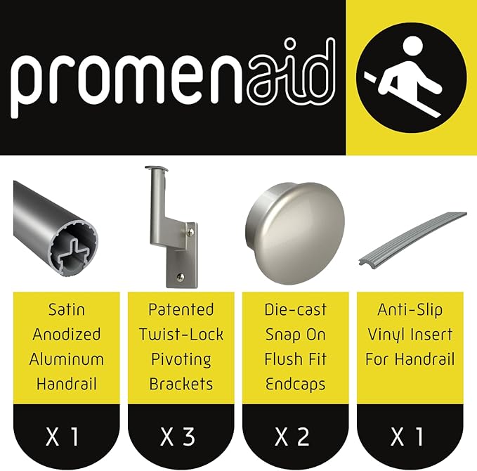 Promenaid 6ft Flush Handrail Kit - Silver - Complete Indoor/Outdoor Handrail for Stairs - 1.6" Round Anodized Aluminum Railing with 3 Silver Painted Pivoting Wall Brackets & Flush Endcaps