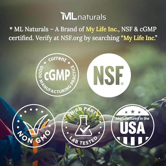 ML Naturals Premium Lutein & Zeaxanthin with Bilberry 120 Vegetable Capsules. Lutein 40 mg, Zeaxanthin 5 mg, and Bilberry 100 mg. Healthy Eyes & Vision, NSF-Certified & cGMP-Compliant Facility