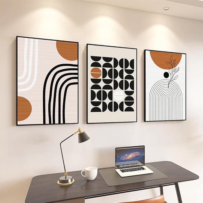 QKF Geometry Abstract Large Frame Canvas Wall Art Living Room Wall Decor Bohemian Black Brown Beige Line Modern Home Decorative Painting For living room Office Bedroom 3-piece Set 24 "X 32"