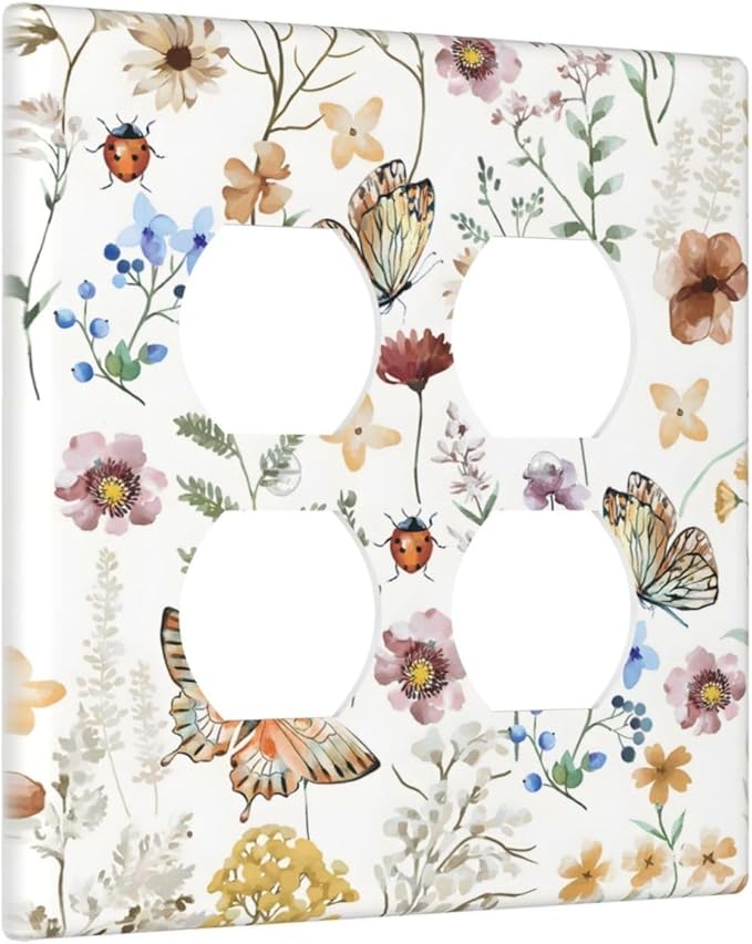 Boho Multicolor Flower Butterfly Insect Floral Outlet Covers 2 Gang Double Duplex Decorative Light Switch Covers Electrical Wallplates Socket Faceplate for Bedroom Living Room Decor