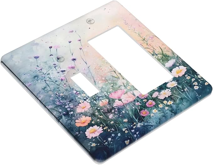 Decorative Outlet Covers Pink Floral Wildflower Green Plants 2-Gang Combo Light Switch Cover Plate Single Toggle/Rocker Wall Plate Plug Switch Plate Covers for Bathroom Decor