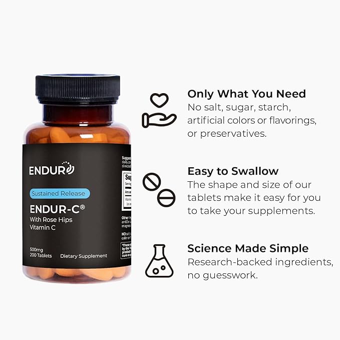 Endur ENDUR-C Vitamin C with Rose HIPS, Supports Collagen Production, Antioxidant Protection & Gentle Digestion, Gluten Free, 500mg (200 Tablets)