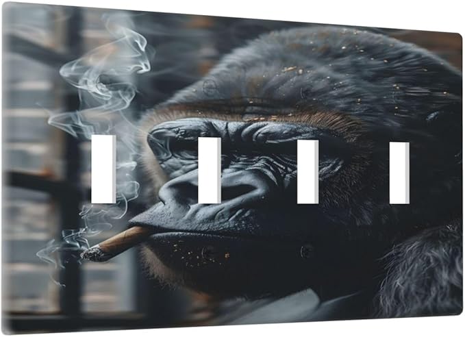 Funny Animal Smoking Black Orangutan Light Switch Covers Quad Toggle Electrical Faceplate 4 Gang Wall Plate Decorative Switch Plates Cover for Farmhouse Home Office Decor