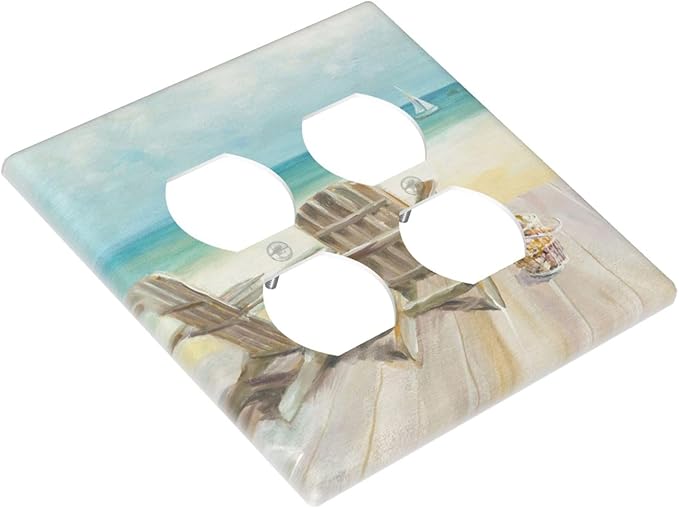 Decorative Light Switch Cover Plate Beach Chair Seascape Blue Ocean Modern Coastal 2 Gang Socket Covers Double Duplex Wallplates Switch Plates and Outlet Covers for Bathroom Home Decor