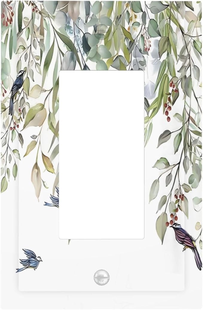 Green Leaf Eucalyptus Leaves Floral Bird Butterfly Decorative Outlet Covers 1 Gang Single Rocker Light Switch Cover Plate Wall Plates GFCI Faceplate for Bed Room Living Room Decor