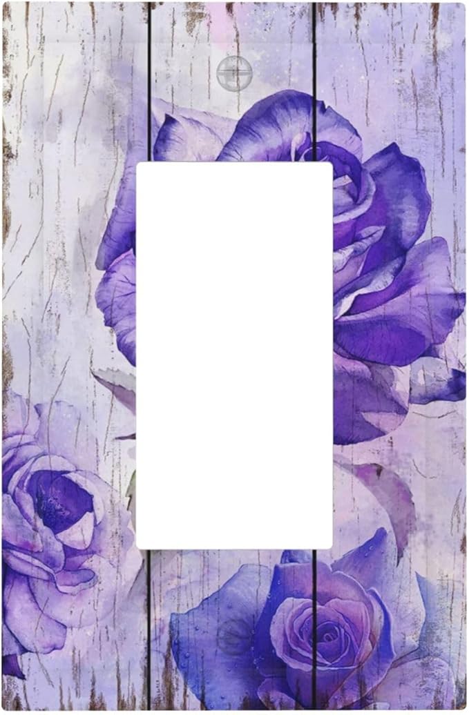 Outlet Covers Purple Rose Flower Rustic Wood Plank 1 Gang Wall Plate Single Rocker Light Switch Cover Decorative GFCI Receptacle Cover Electrical Switchplate for Farmhouse Bathroom Decor