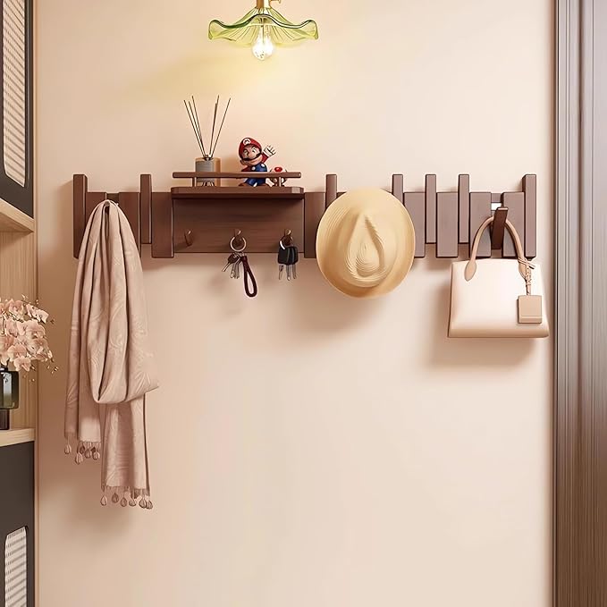 Wall Mounted Piano Key Hanger | Flip Style Hook | Entrance Wall Art Hook, Made of Oak Wood (3 Times Painted, 4 Times Polished) (Fence Beech, 4Hooks)